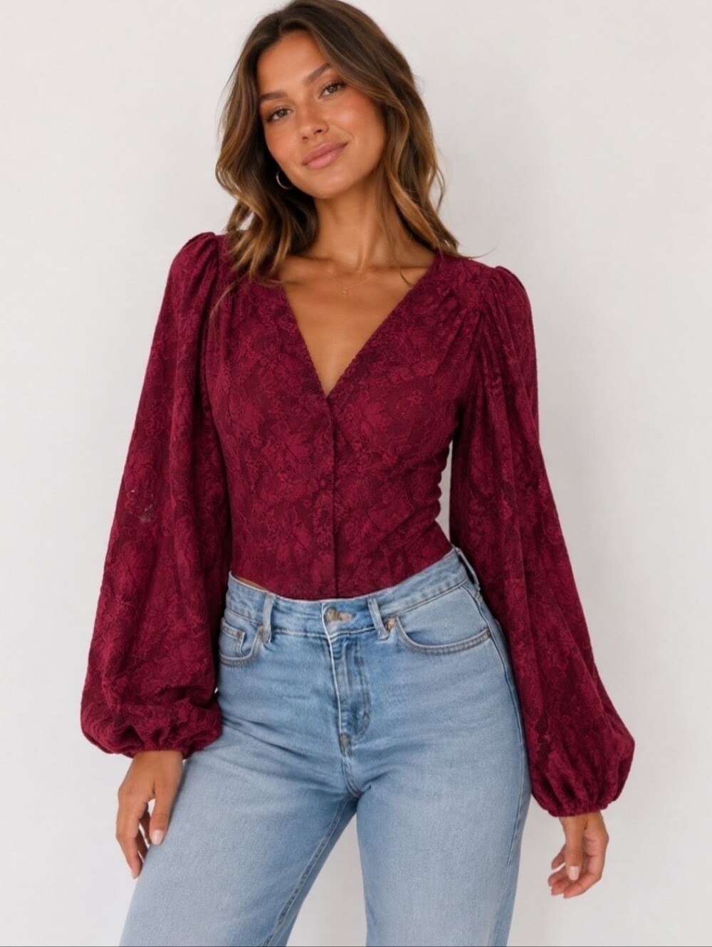 Express Women's Burgundy Lace Long-Sleeve Bodysuit